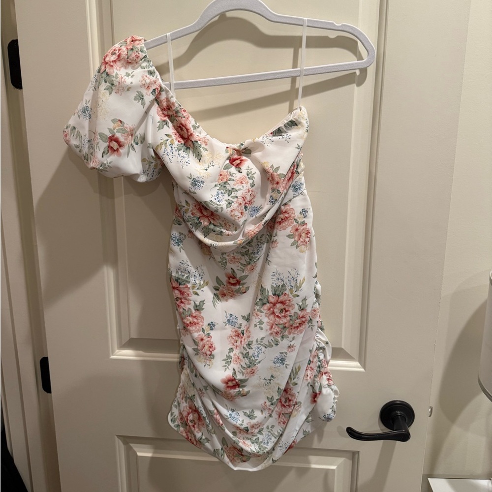 Hello Molly Floral One Shoulder Dress - White and Pink